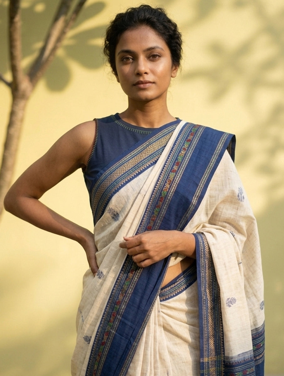 Blanket Stitch and Bead Work Navy Blue Hand Embroidered High Neck Stretchable Blouse/Crop Top
