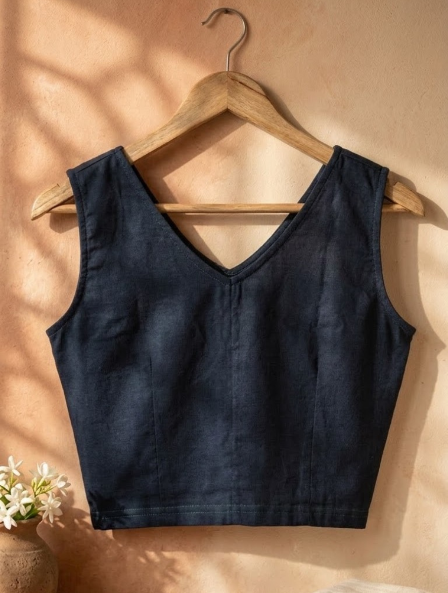 Navy Blue & Green Mirror Hand Embroidered Stretchable Sleeveless Blouse/Crop Top