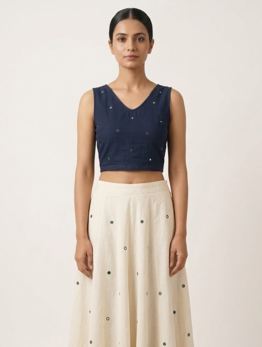 Navy Blue & Green Mirror Hand Embroidered Stretchable Sleeveless Blouse/Crop Top