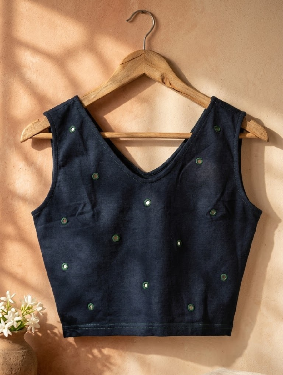 Navy Blue & Green Mirror Hand Embroidered Stretchable Sleeveless Blouse/Crop Top