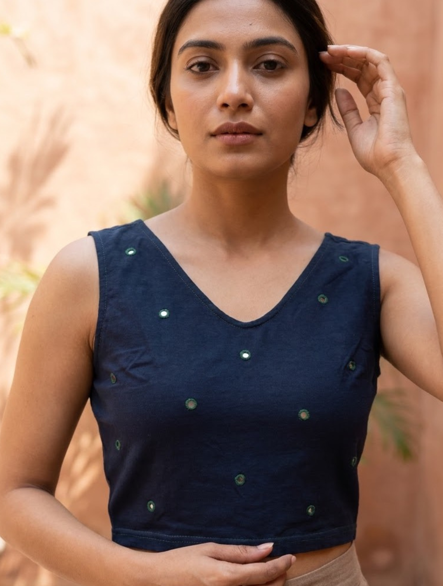 Navy Blue & Green Mirror Hand Embroidered Stretchable Sleeveless Blouse/Crop Top