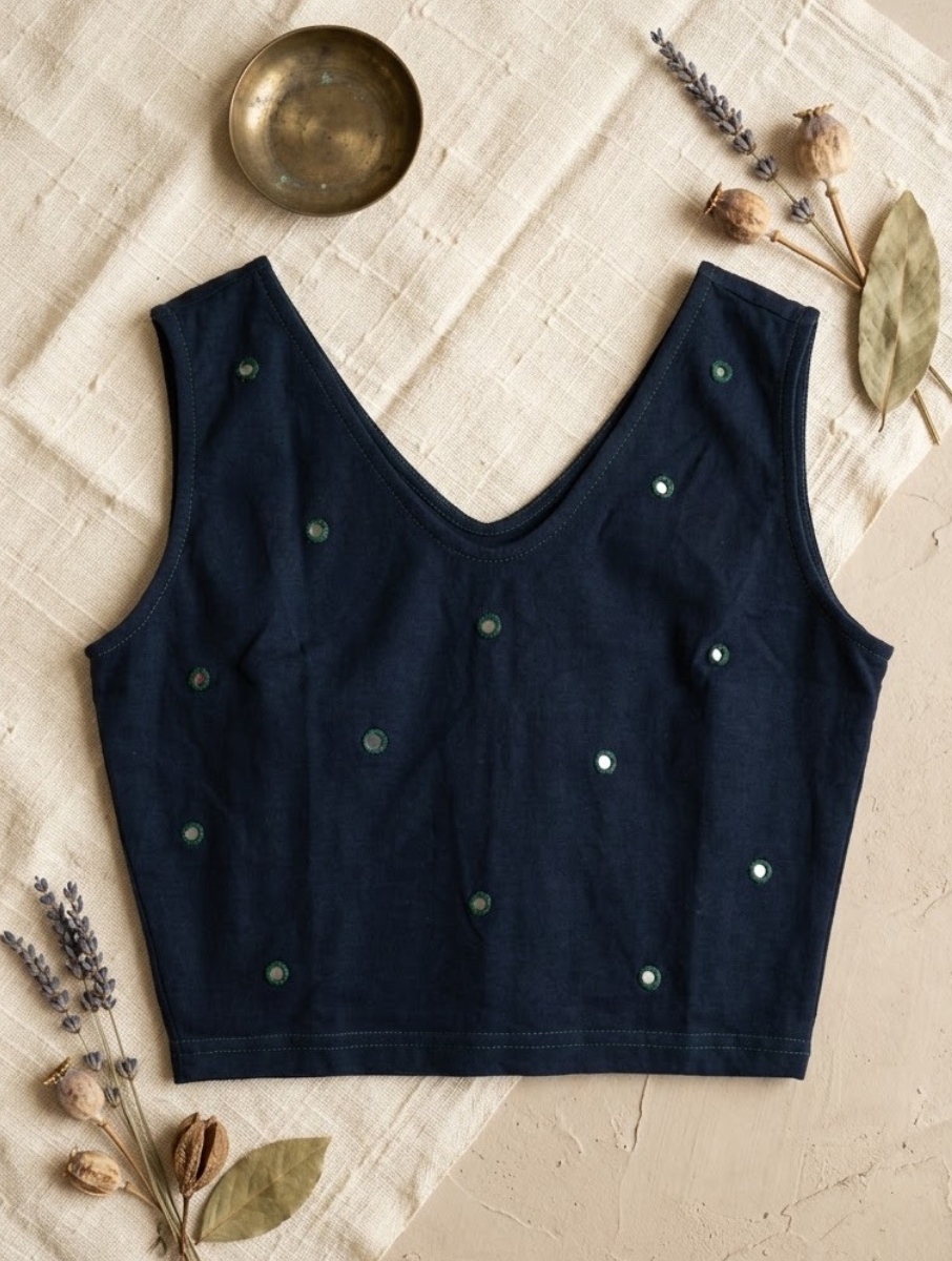 Navy Blue & Green Mirror Hand Embroidered Stretchable Sleeveless Blouse/Crop Top