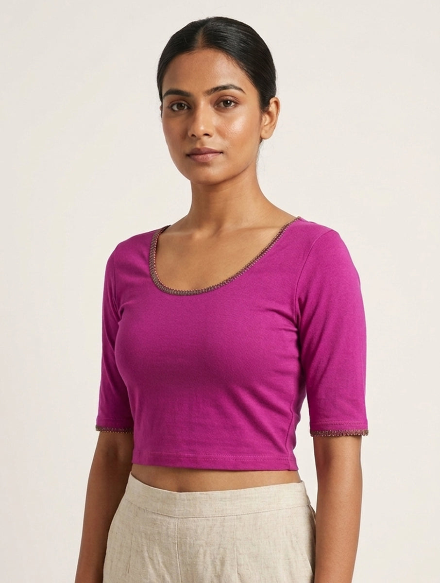 Purple Beaded Vine Edge Stitch Hand Embroidered Stretchable Blouse/Crop Top