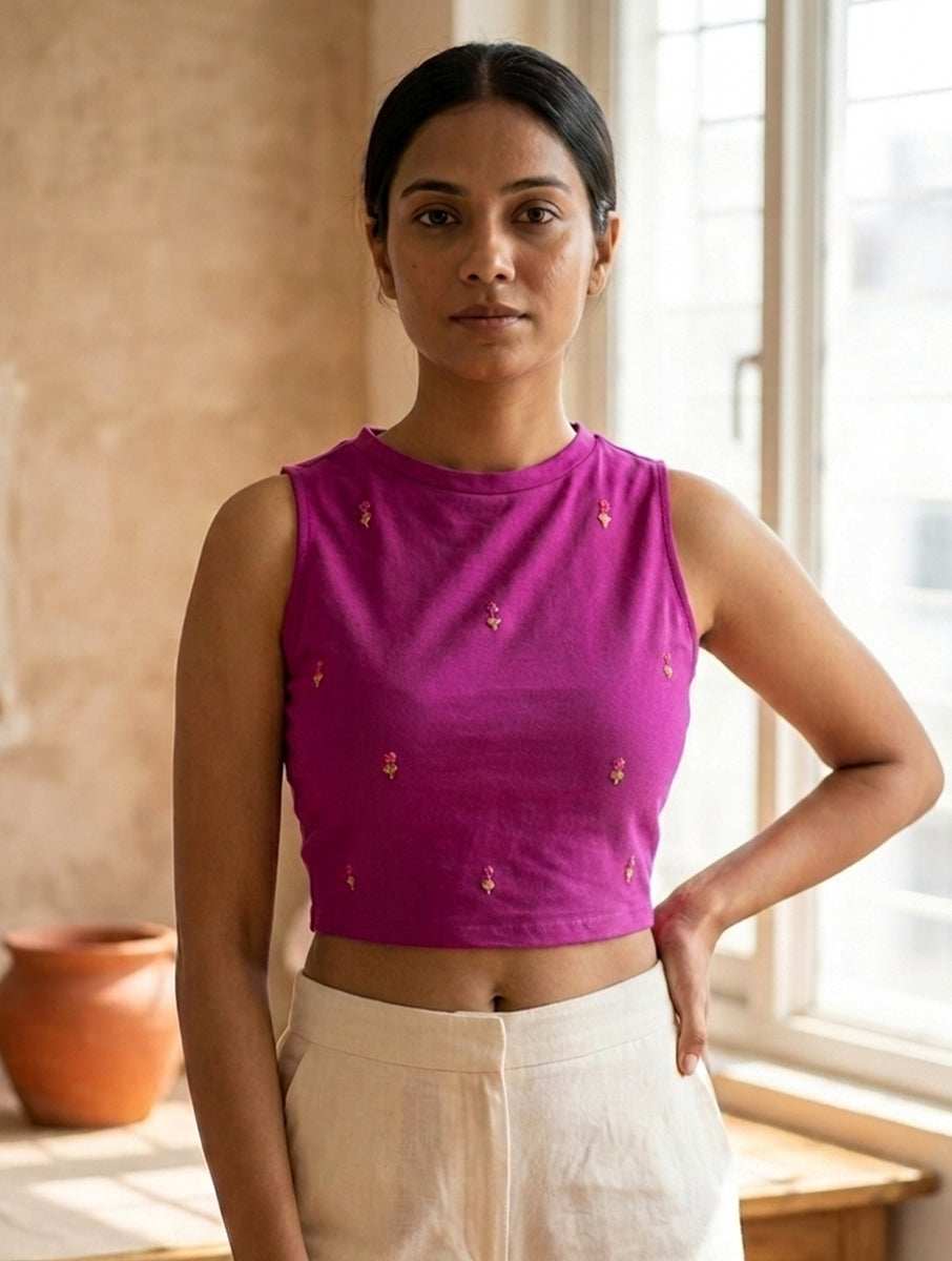 Purple Hand Emboridery Highneck Stretchable Blouse/Crop Top
