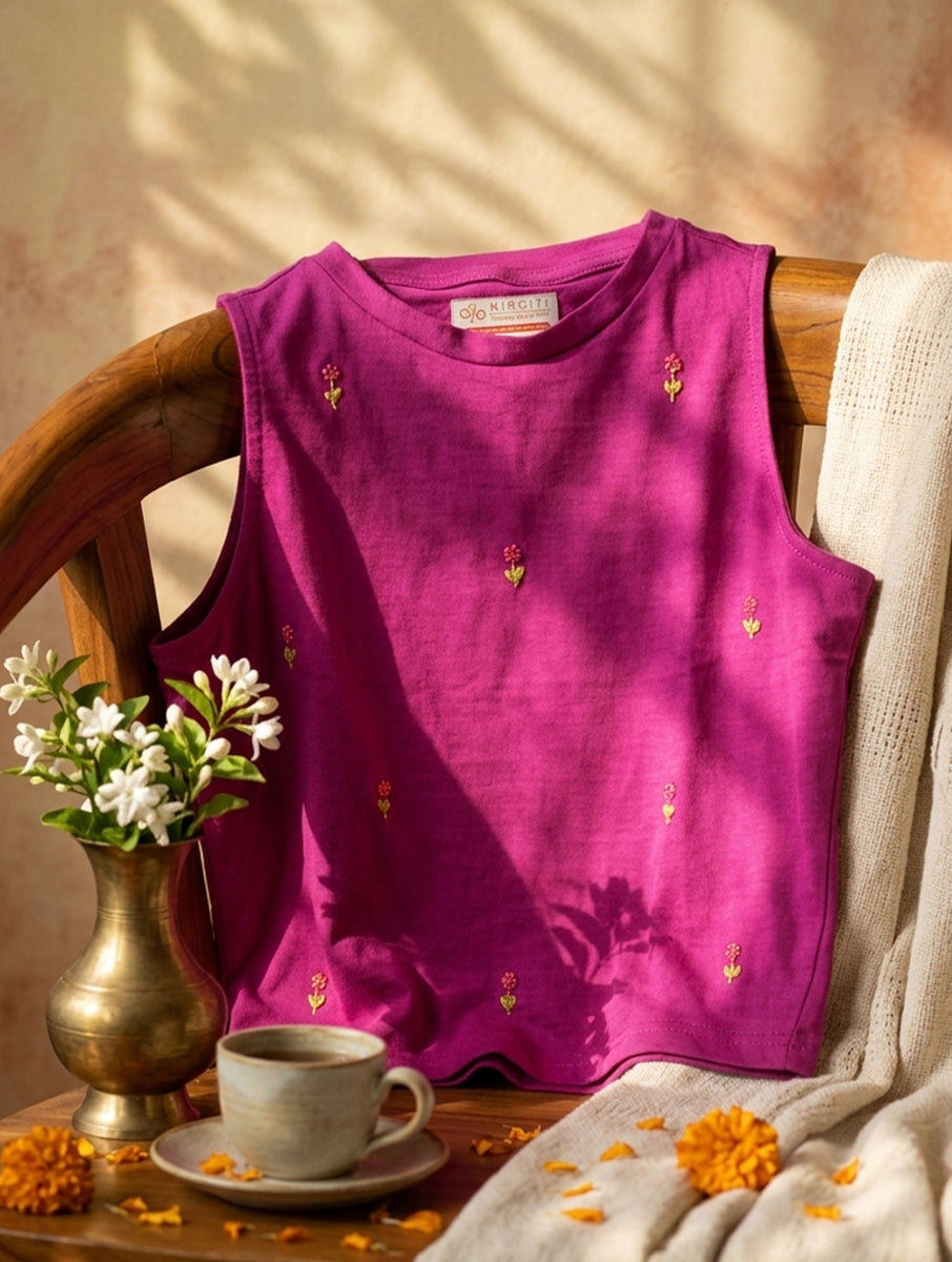 Purple Hand Emboridery Highneck Stretchable Blouse/Crop Top