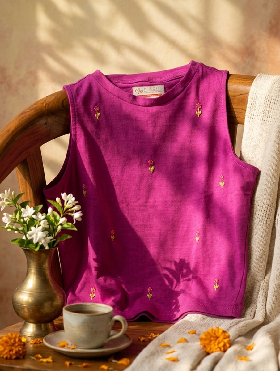 Purple Hand Emboridery Highneck Stretchable Blouse/Crop Top