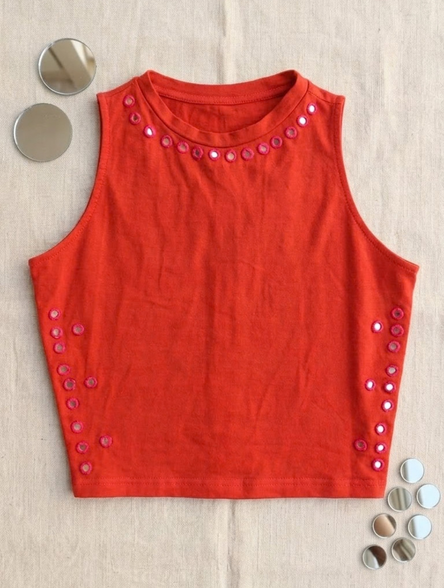 Rustic Red & Pink Jewel Mirror Hand Embroidered Stretchable Highneck Blouse/Crop Top