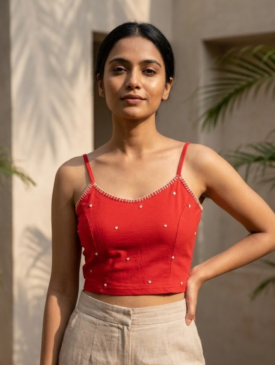 Red Hand Embroidered Stretchable Spaghetti Blouse/Crop Top