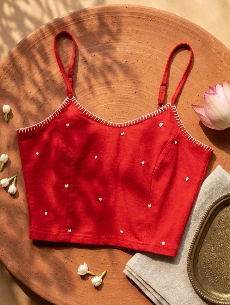 Red Hand Embroidered Stretchable Spaghetti Blouse/Crop Top