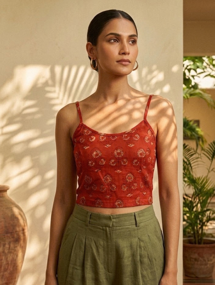 Rust Guldasta Dabu Printed Stretchable Spaghetti Blouse/Crop Top