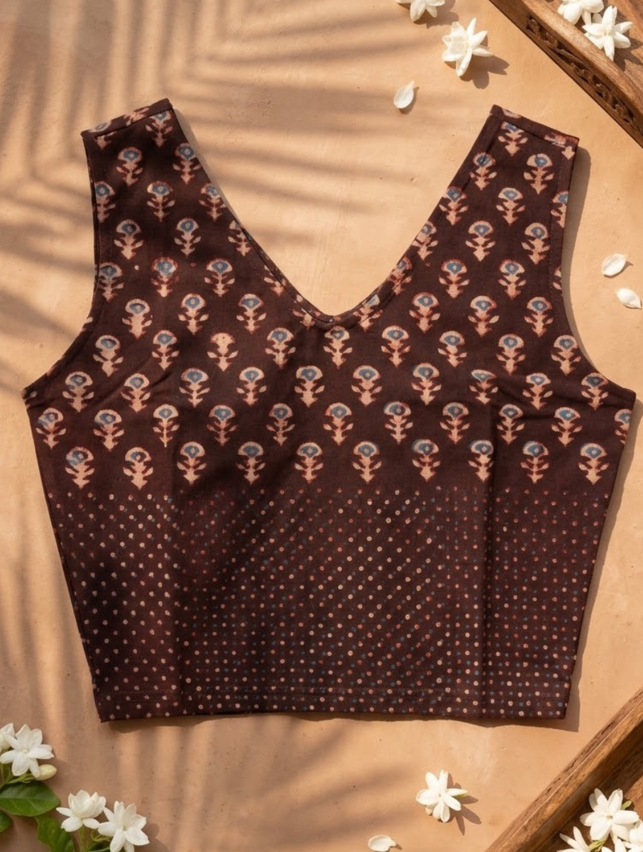 Wine Boota Dabu Printed Sleeveless Stretchable Blouse/Crop Top