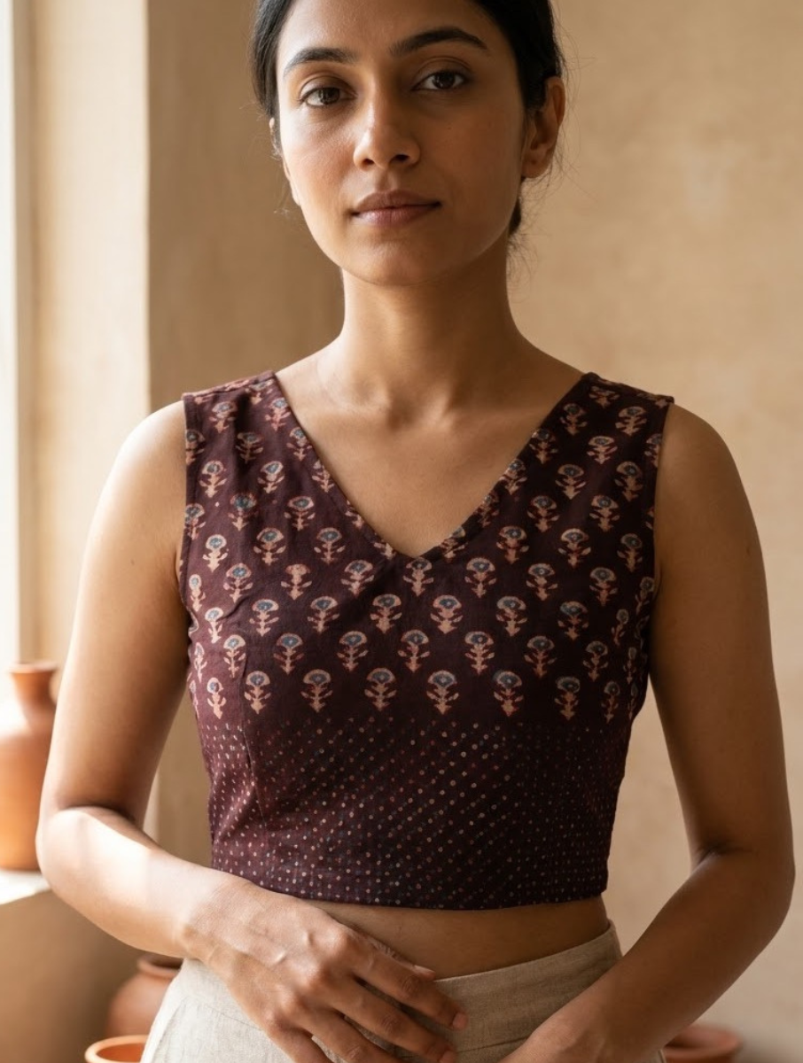Wine Boota Dabu Printed Sleeveless Stretchable Blouse/Crop Top