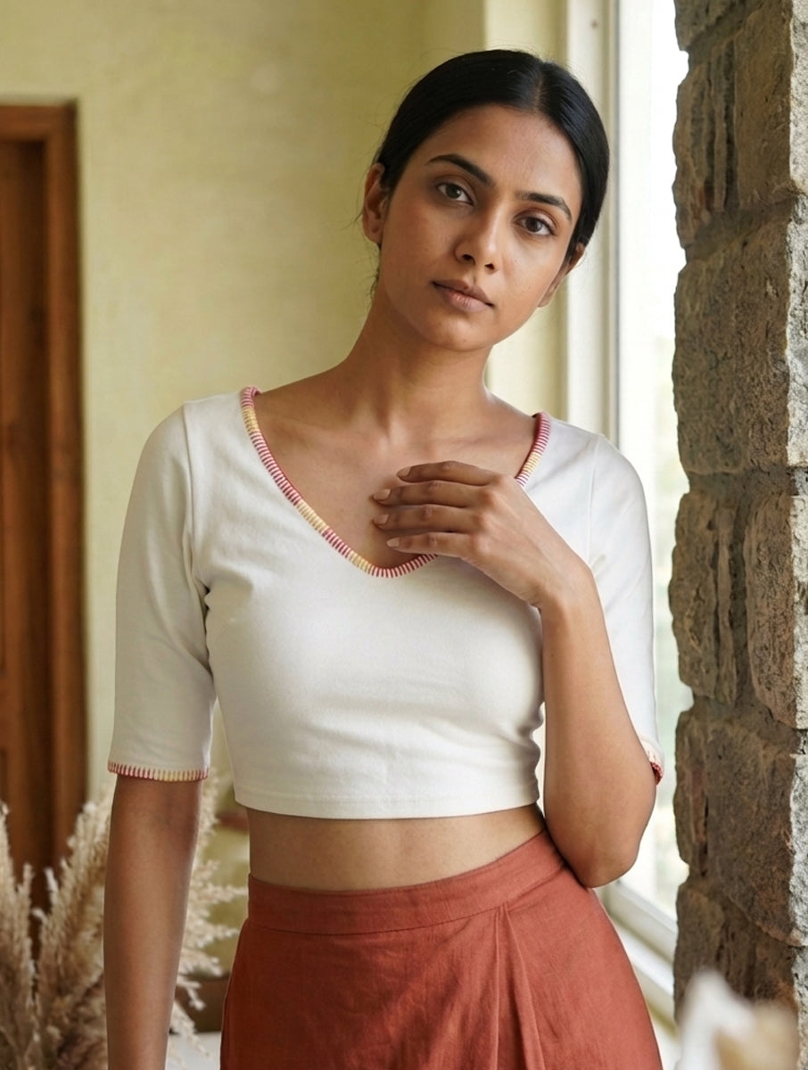 White Hand Embroidered Stretchable Blouse/Crop Top