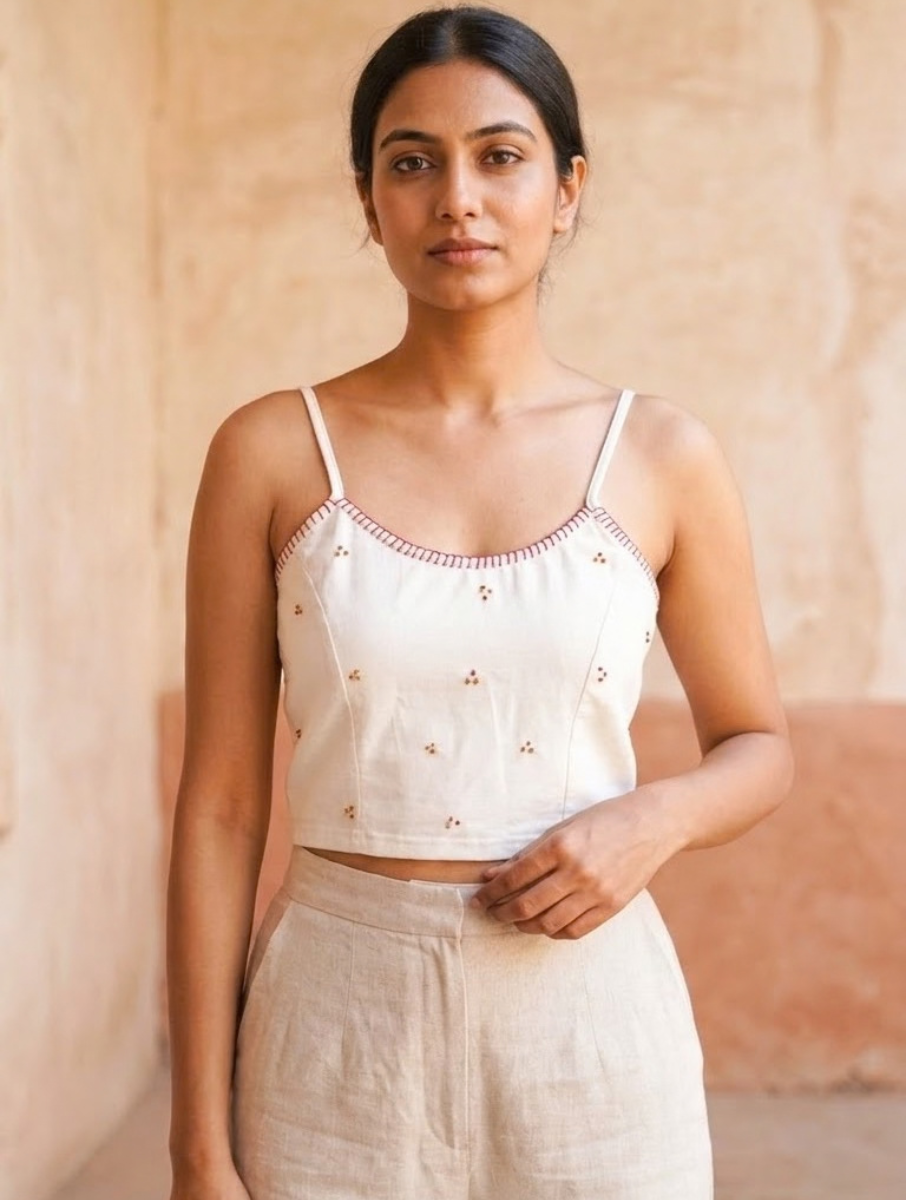 White Hand Embroidered Stretchable Spaghetti Blouse/Crop Top