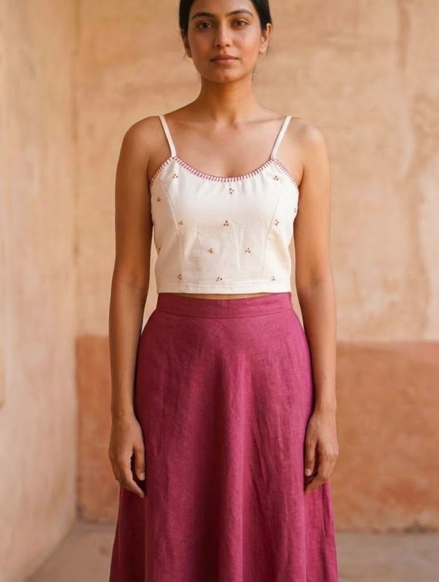White Hand Embroidered Stretchable Spaghetti Blouse/Crop Top