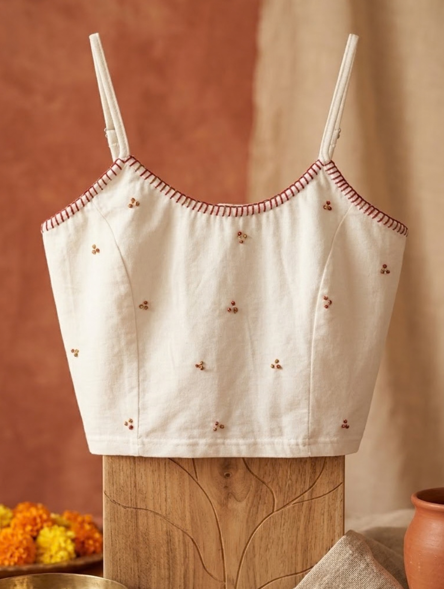 White Hand Embroidered Stretchable Spaghetti Blouse/Crop Top