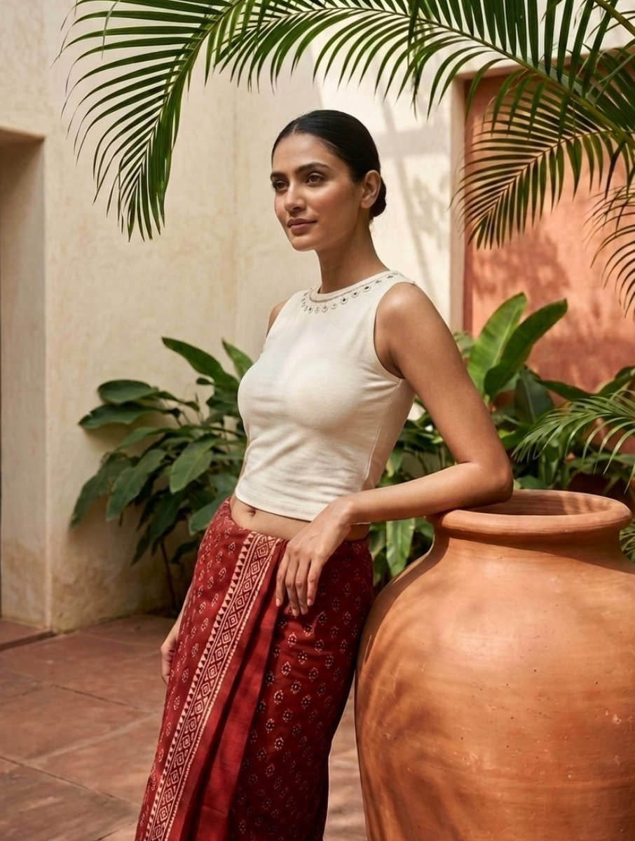 White Jewel Mirror Hand Embroidered Stretchable Highneck Blouse/Crop Top