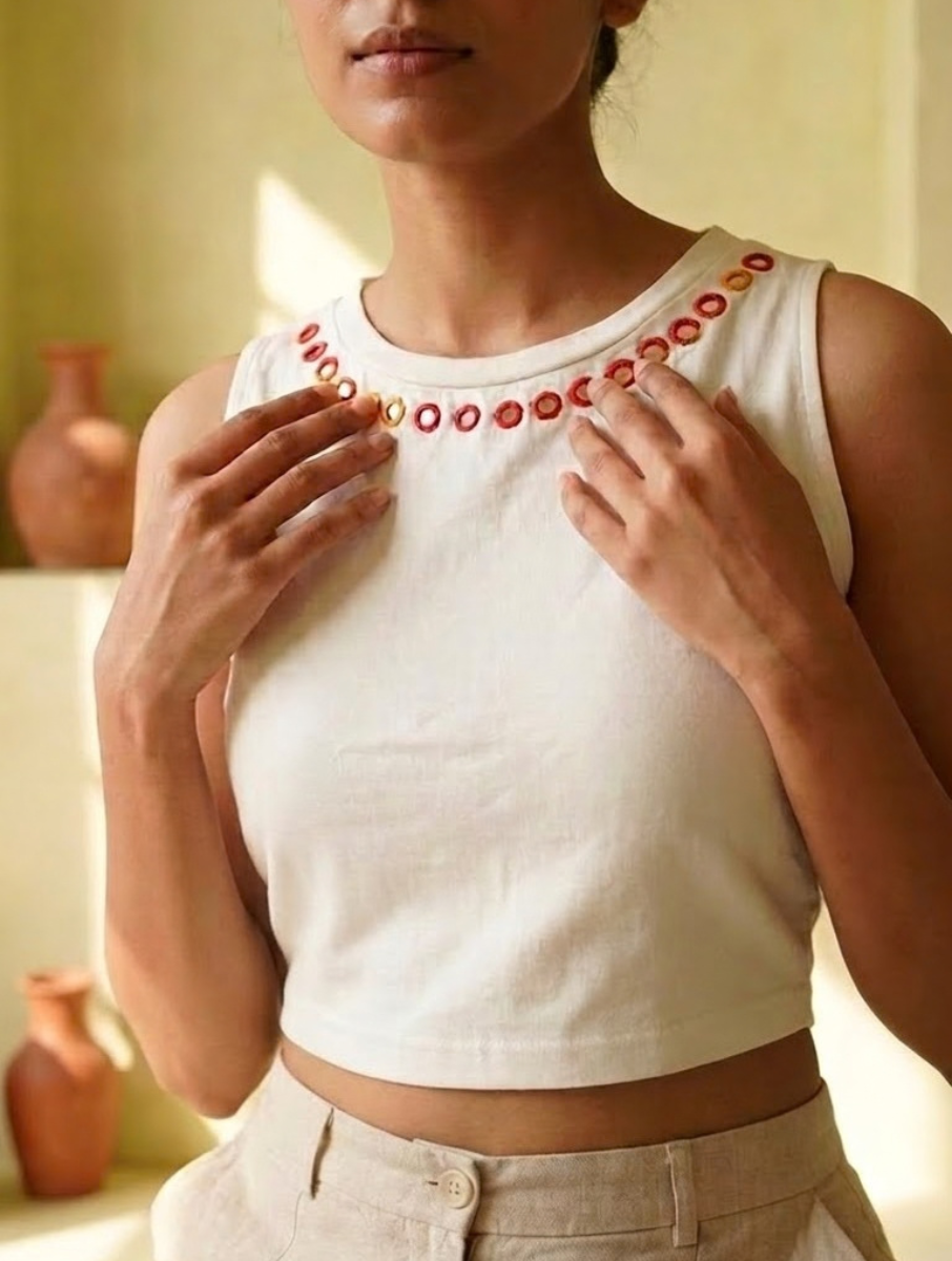 White Jewel Multi Mirror Hand Embroidered Stretchable Highneck Blouse/Crop Top