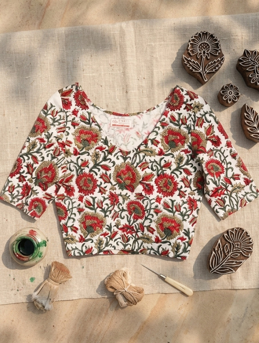 White Red Jaal Sanganeri Printed Stretchable Blouse/Crop Top