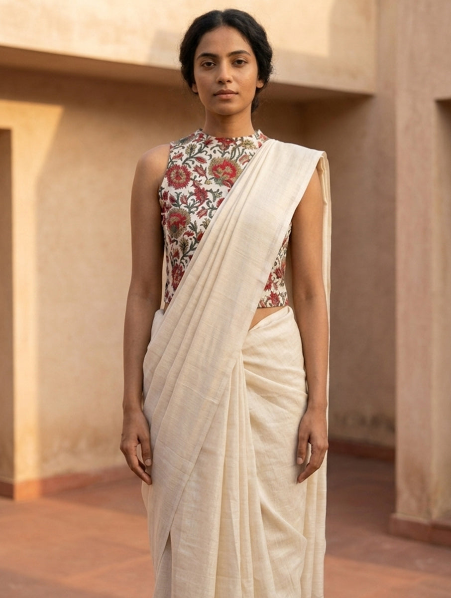 White Red Jaal Sanganeri Printed Stretchable High Neck Blouse/Crop Top