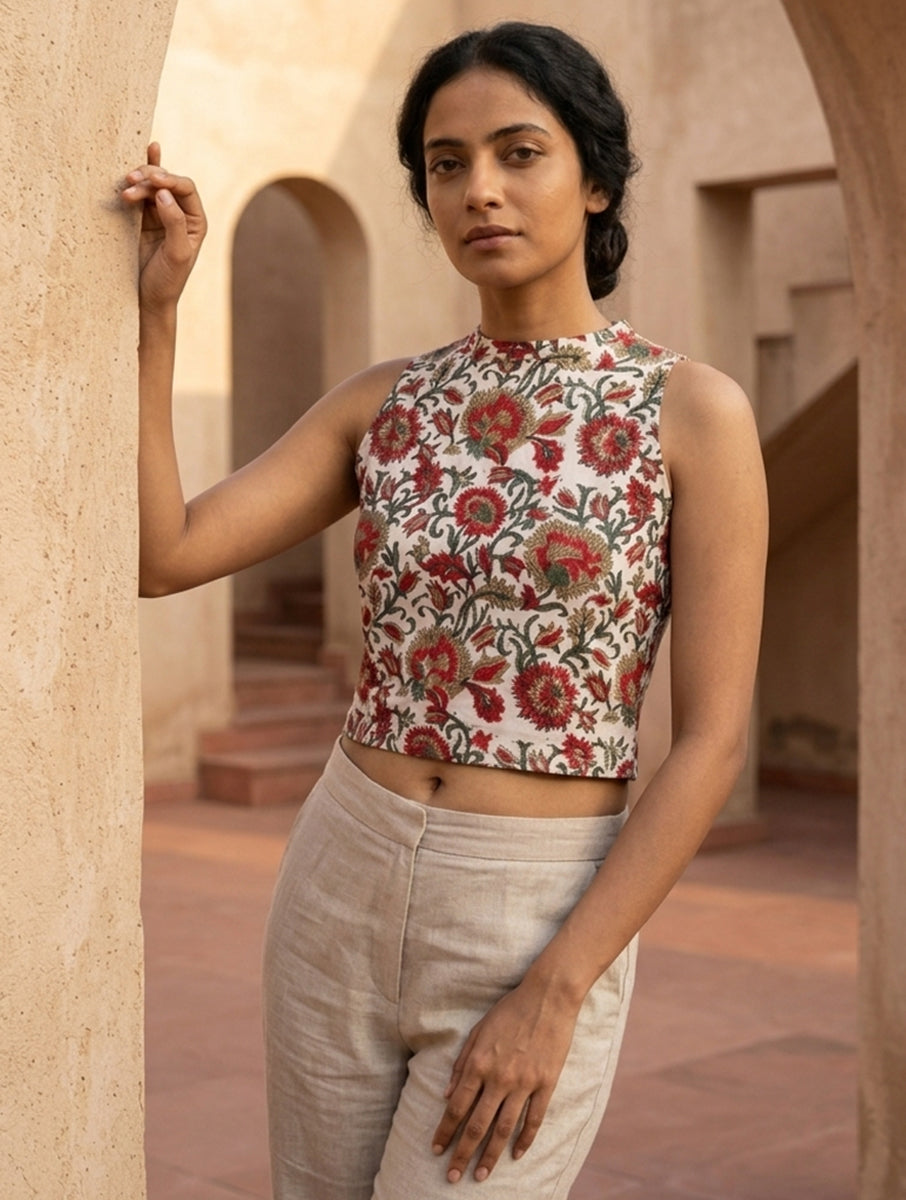 White Red Jaal Sanganeri Printed Stretchable High Neck Blouse/Crop Top