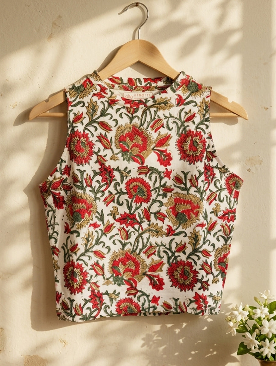 White Red Jaal Sanganeri Printed Stretchable High Neck Blouse/Crop Top