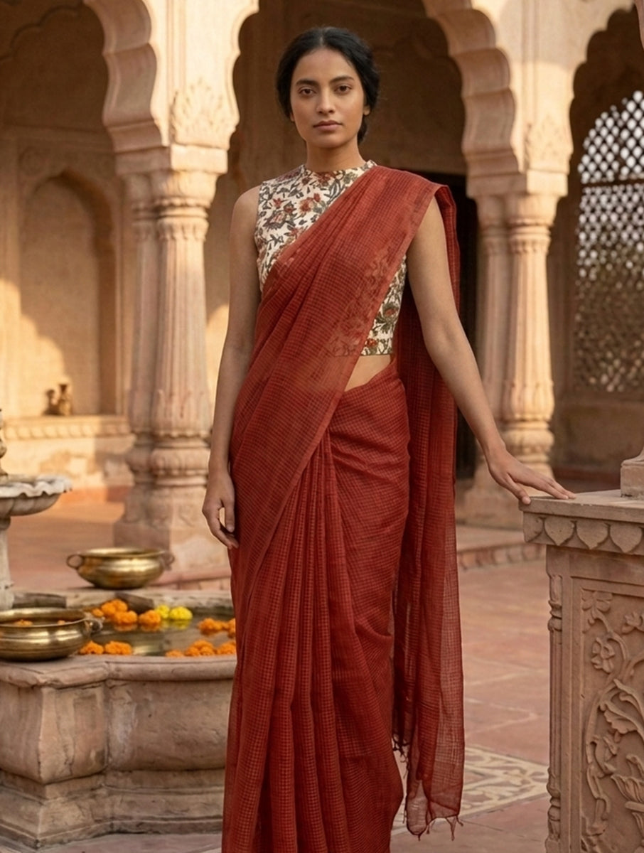 White Red Jaal Sanganeri Printed Stretchable High Neck Blouse/Crop Top