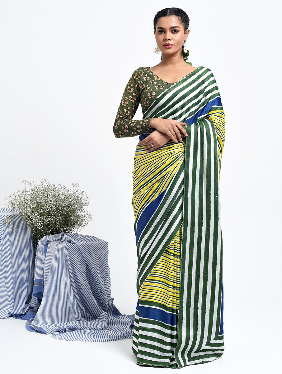 Yellow Green Stripe Saree – Sanganeri Print