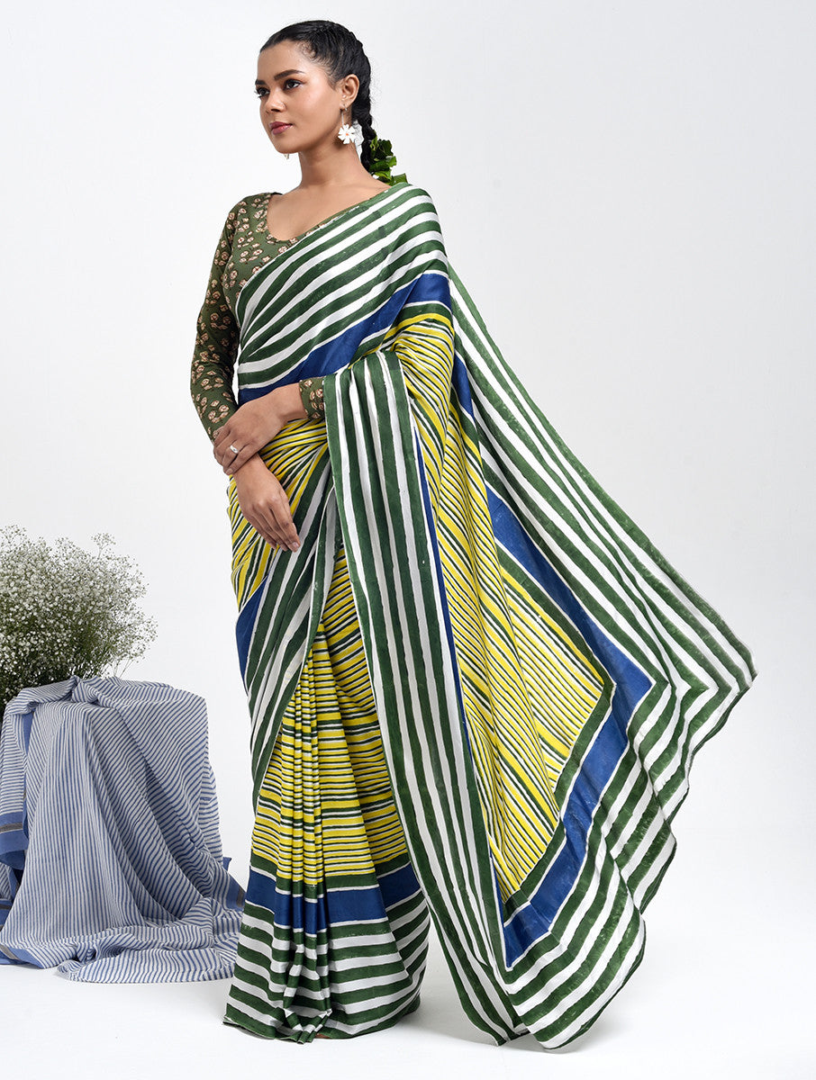 Yellow Green Stripe Saree – Sanganeri Print