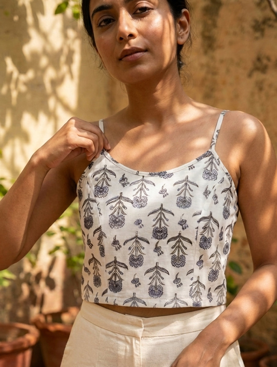 Grey white Guldasta Sanganeri Printed Stretchable Spaghetti Blouse/Crop Top