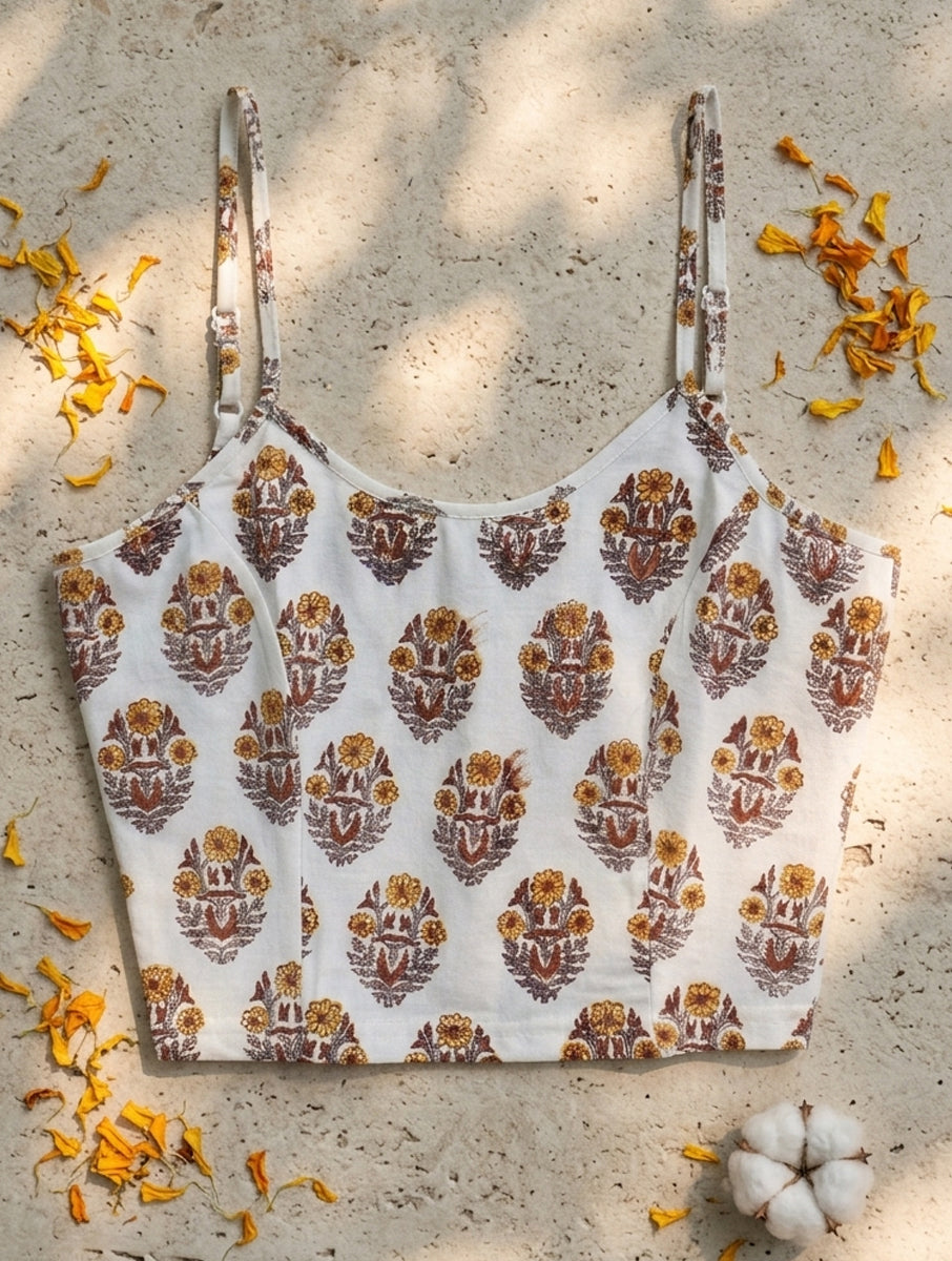 Mustard White Guldasta Sanganeri Printed Stretchable Spaghetti Blouse/Crop Top