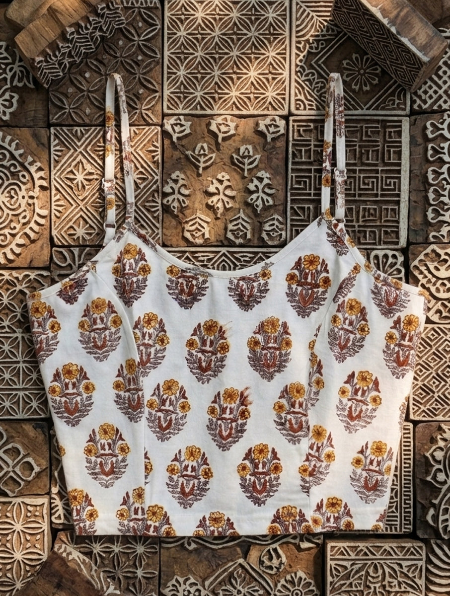 Mustard White Guldasta Sanganeri Printed Stretchable Spaghetti Blouse/Crop Top