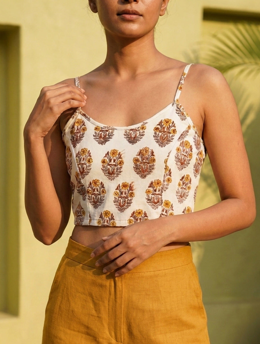 Mustard White Guldasta Sanganeri Printed Stretchable Spaghetti Blouse/Crop Top