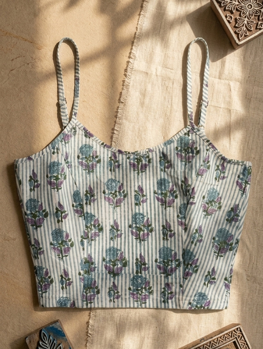 Purple Lined Boota Sanganeri Printed Stretchable Spaghetti Blouse/Crop Top