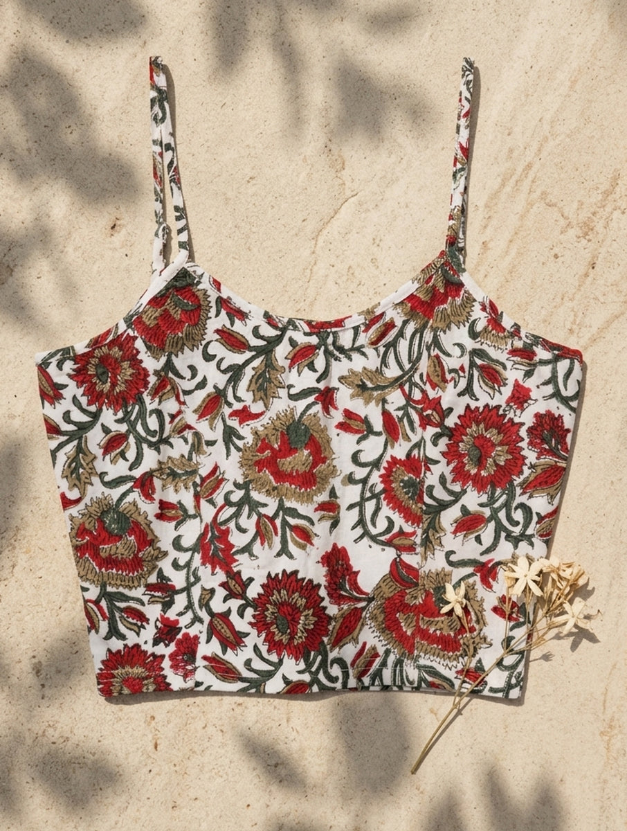 Red Jaal Sanganeri Printed Stretchable Spaghetti Blouse/Crop Top