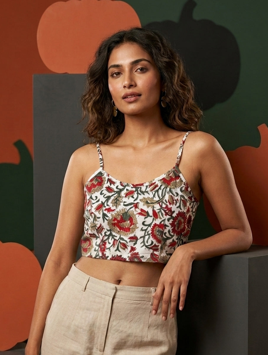 Red Jaal Sanganeri Printed Stretchable Spaghetti Blouse/Crop Top