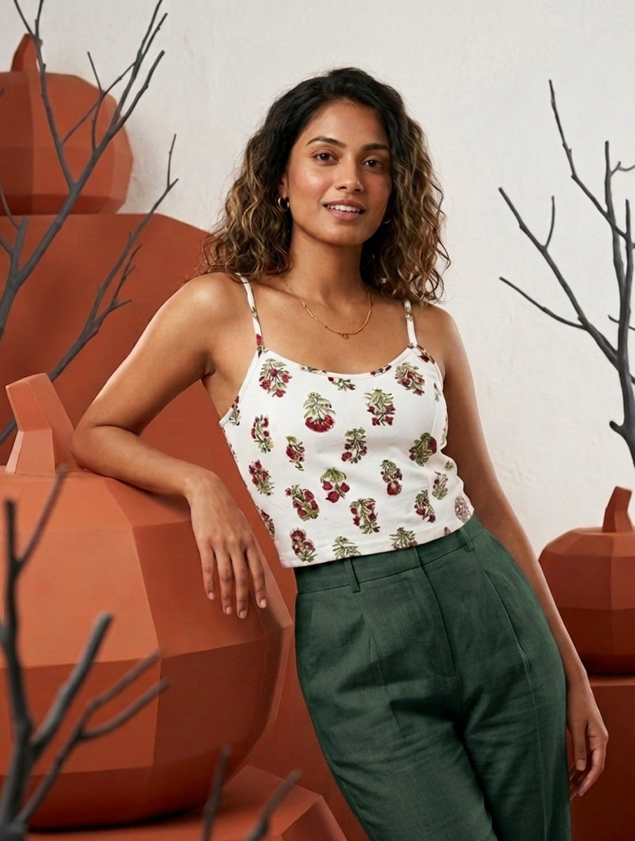 White Guldasta Sanganeri Printed Stretchable Spaghetti Blouse/Crop Top