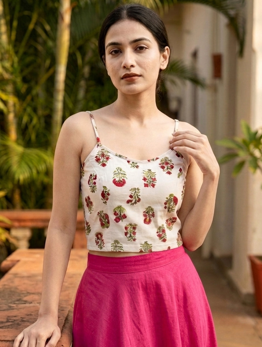 White Guldasta Sanganeri Printed Stretchable Spaghetti Blouse/Crop Top