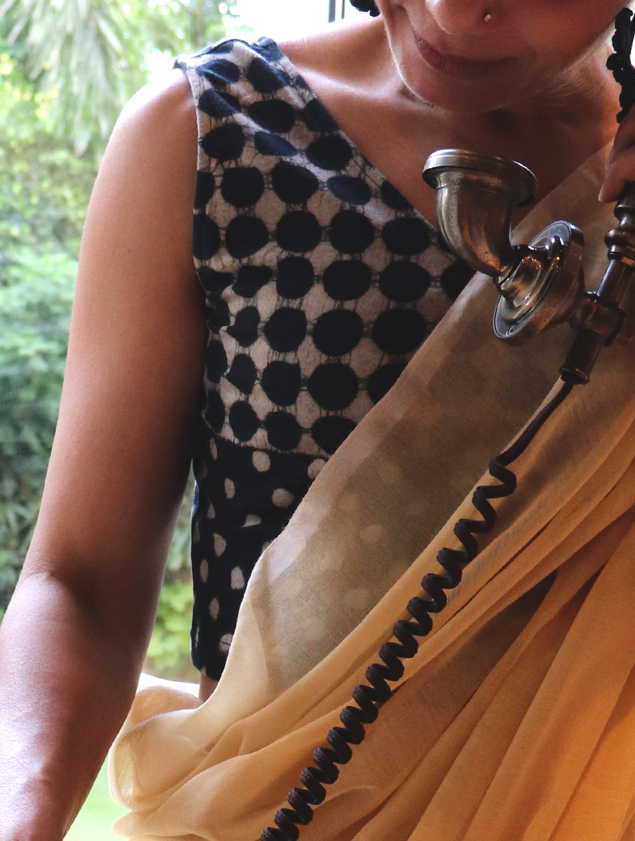 Black Polka Dotted Dabu Printed Stretchable Blouse/Crop Top