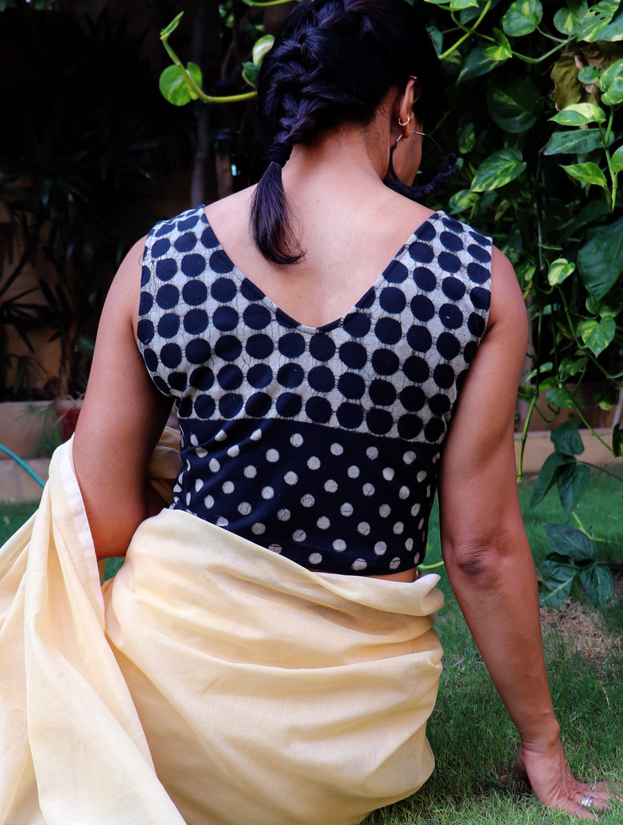 Black Polka Dotted Dabu Printed Stretchable Blouse/Crop Top