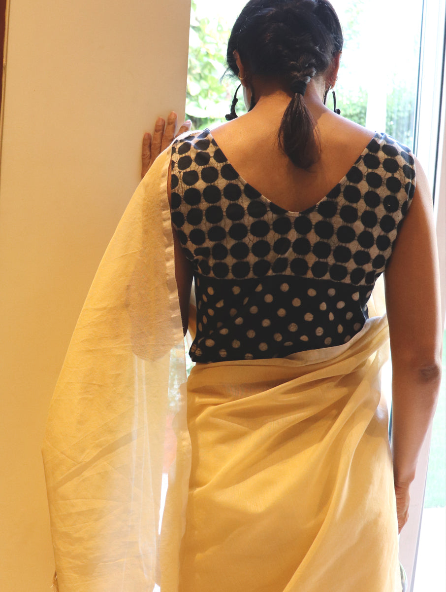 Black Polka Dotted Dabu Printed Stretchable Blouse/Crop Top