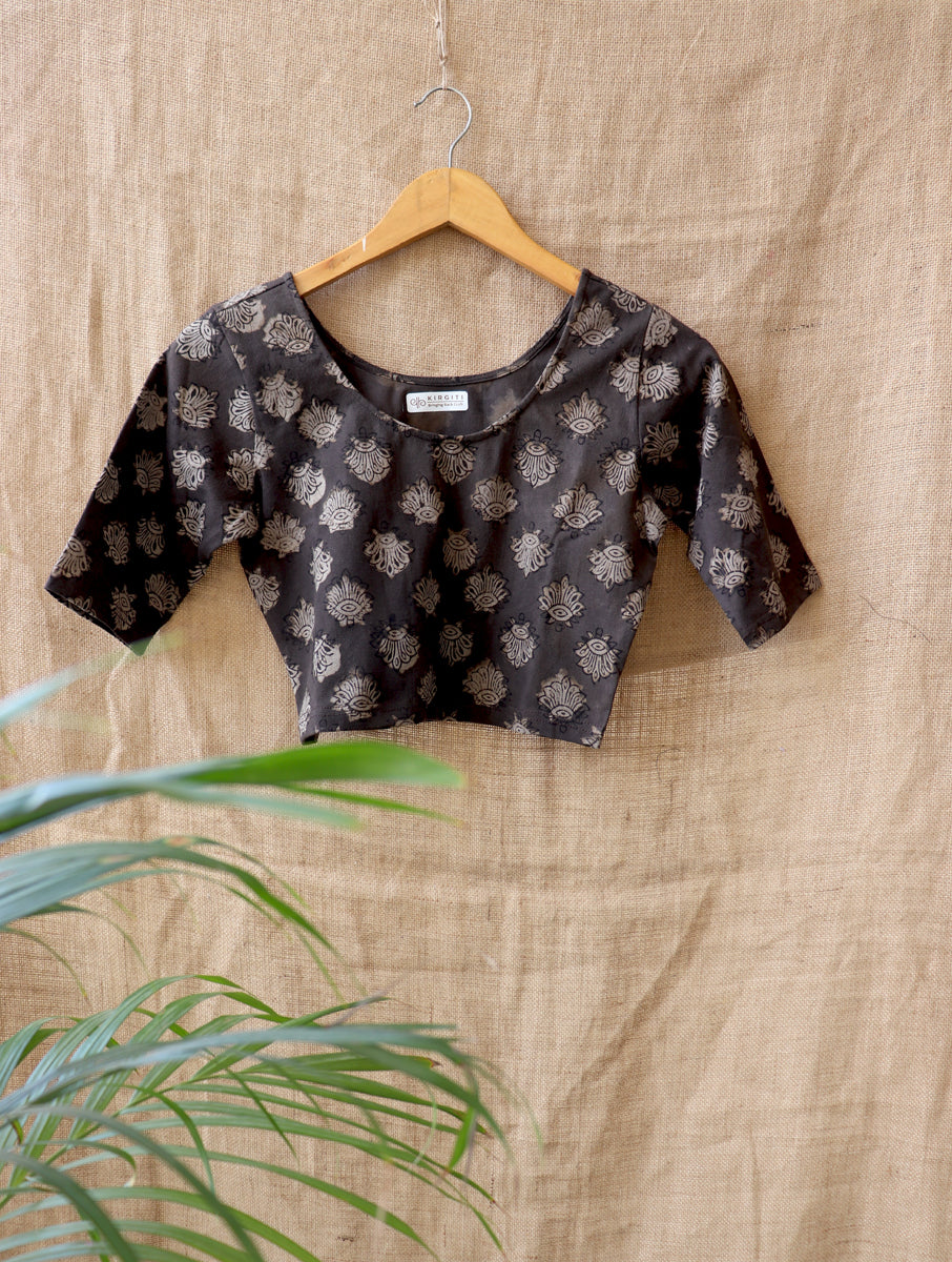 Brownish Boota Dabu Printed Stretchable Blouse/Crop Top