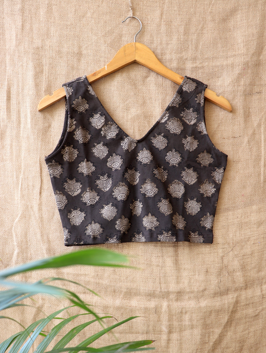 Brownish Boota Dabu Printed Stretchable Blouse/Crop Top