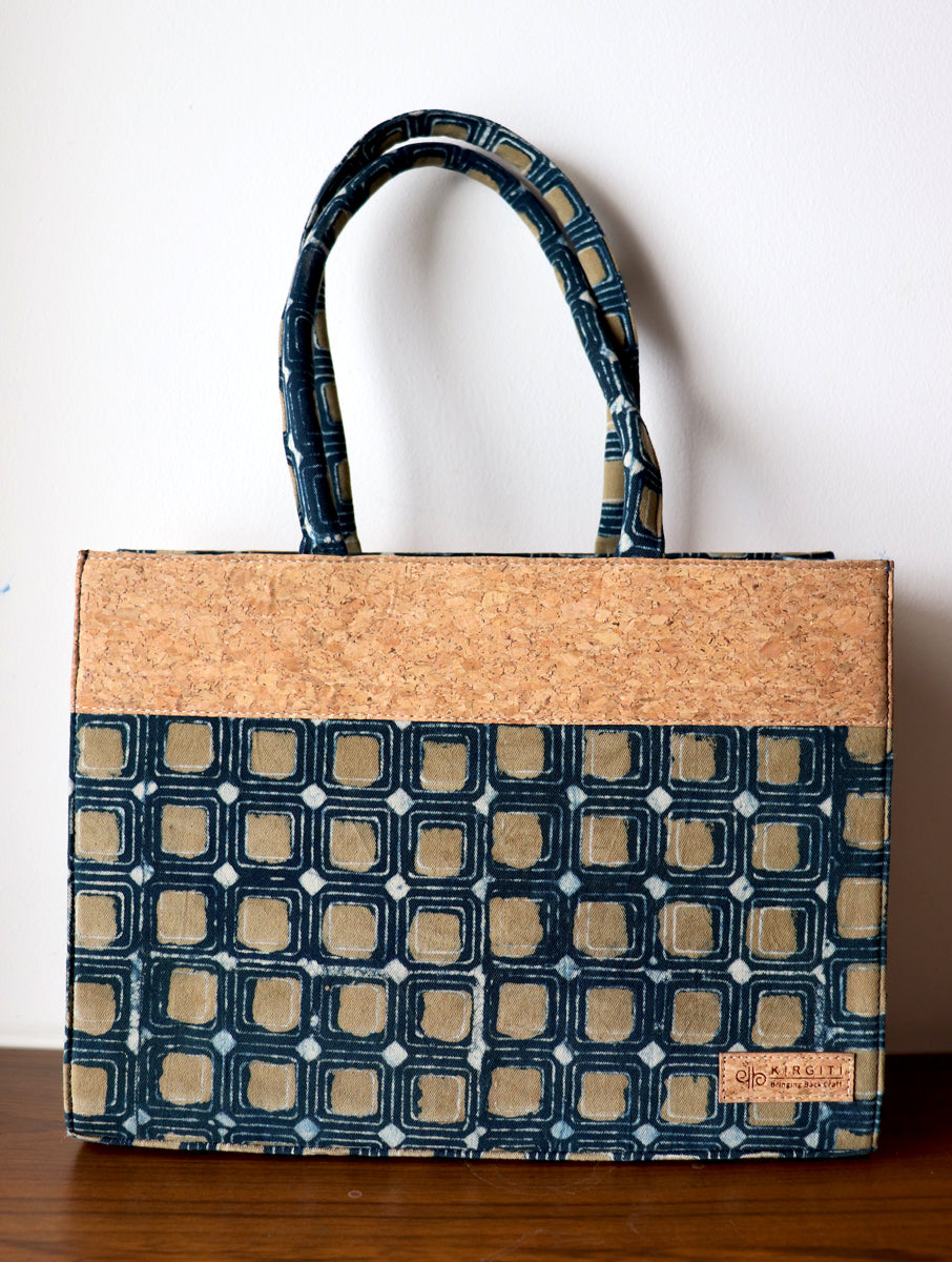 Multi Box Dabu Printed And Vegan Leather Cork Sling Cum Tote Bag