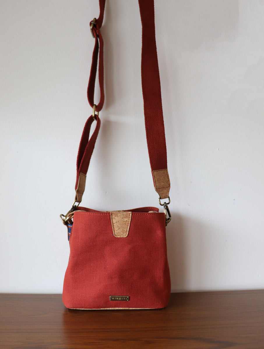 Rust Dabu Printed and Vegan Leather Cork Sling Bag cum Handle