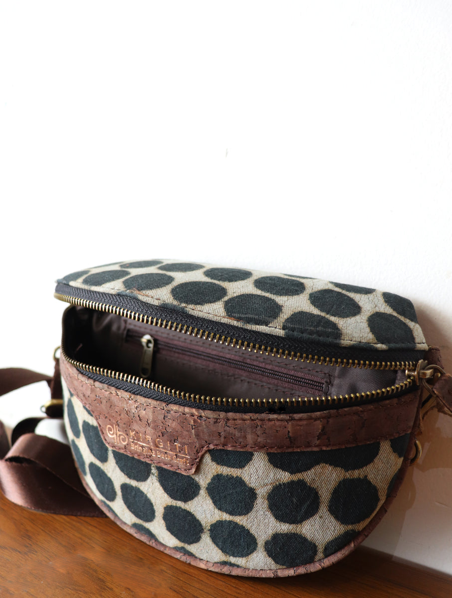 Black Polka Dot Dabu Printed And Vegan Leather Cross Body Cum Waist Bag