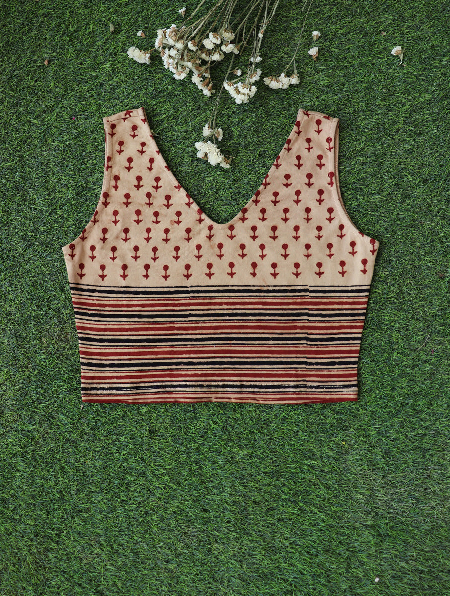 Beige Maroon Dabu Printed Stretchable Blouse/Crop Top
