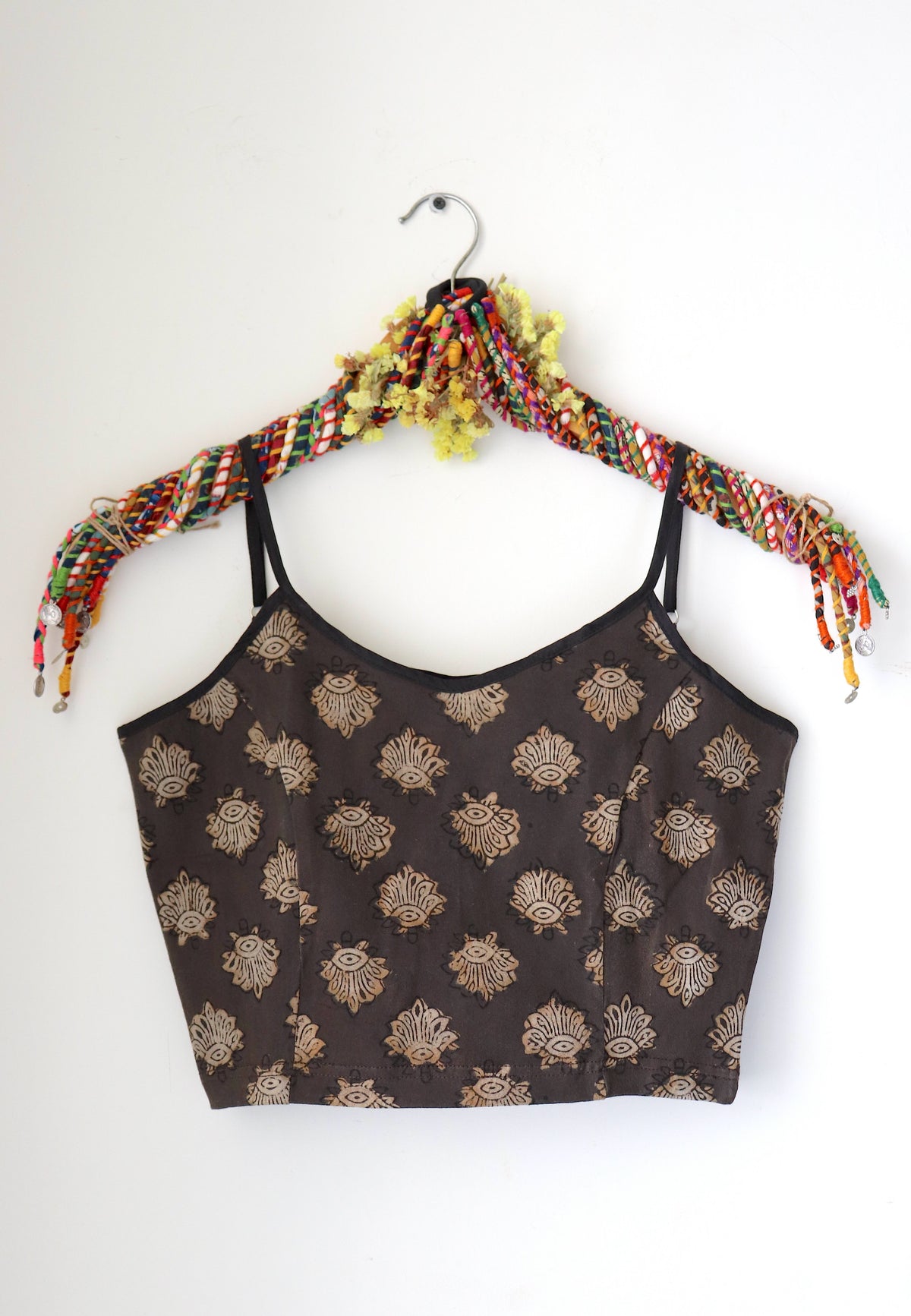 Brownish Boota Dabu Printed Stretchable Spaghetti Blouse/Crop Top