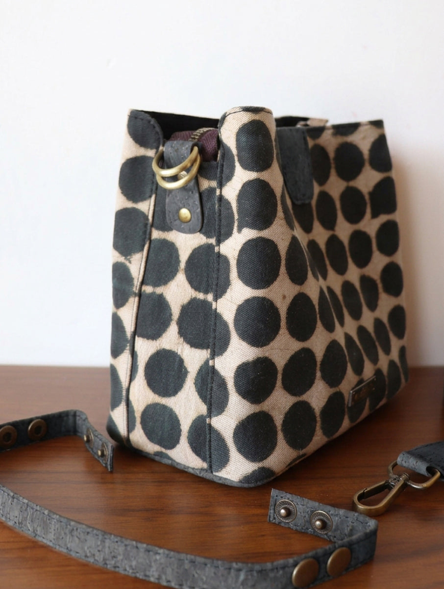 Black Polka Dabu Printed and Vegan Leather Cork Sling Bag with Handle