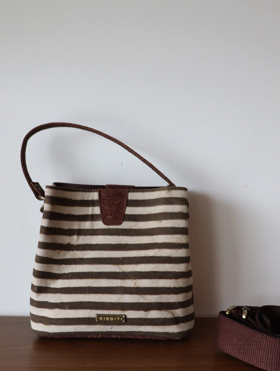 Brown Striped Dabu Printed and Vegan Leather Cork Sling Bag with Handle